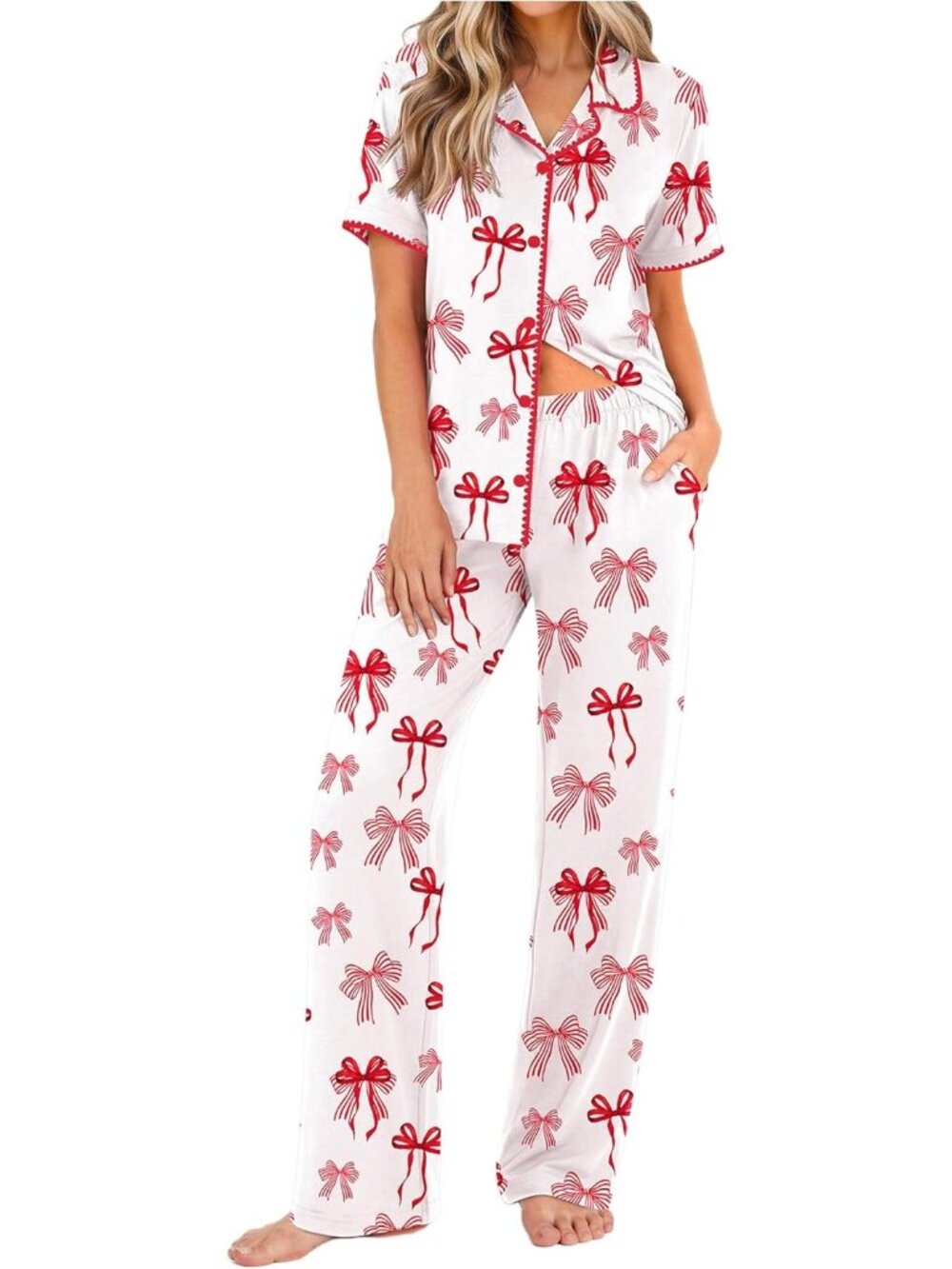Women's White Red Bow Button Down Short Sleeve Shirt Loungewear Pajamas Set